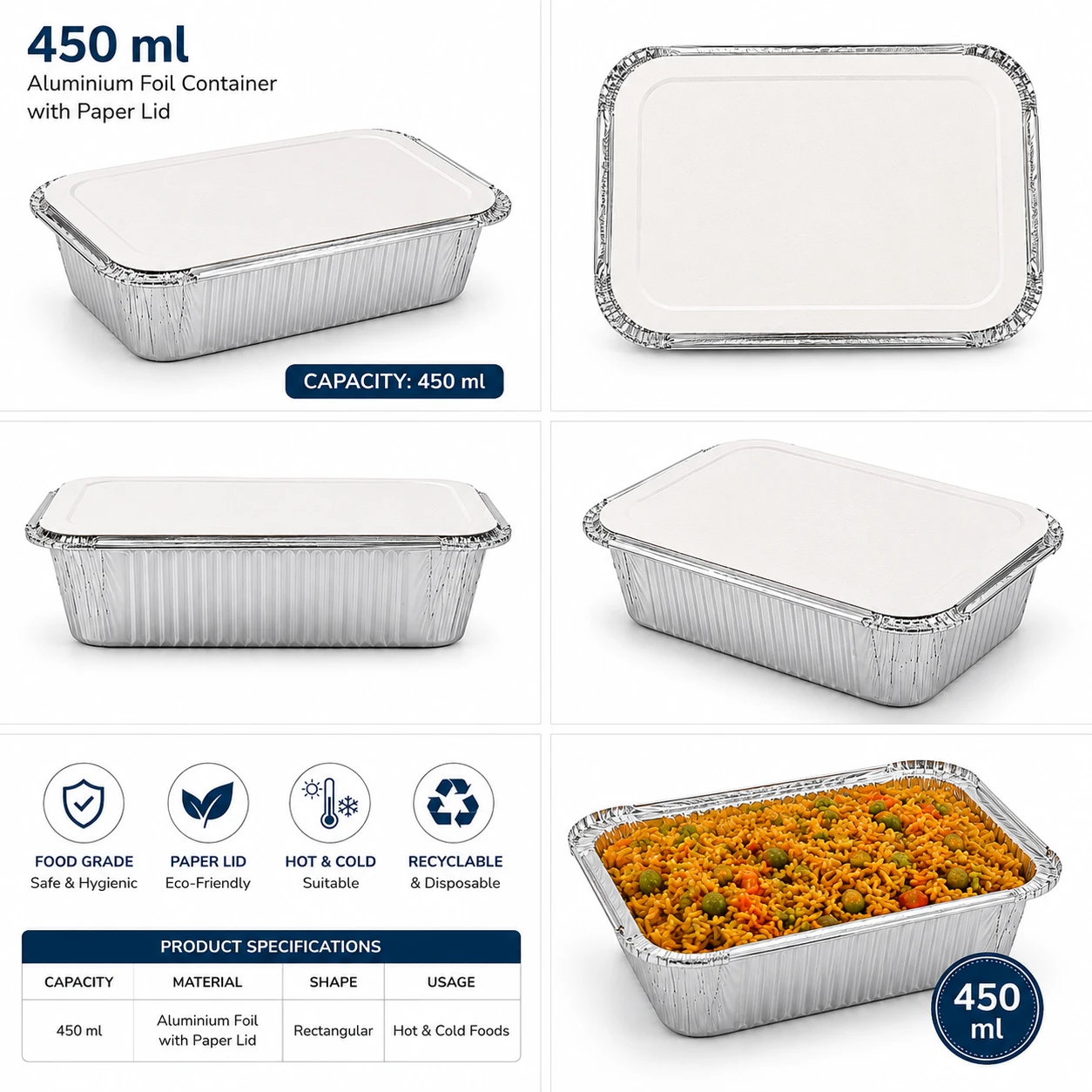 Alluminium silver foil container - 450ml