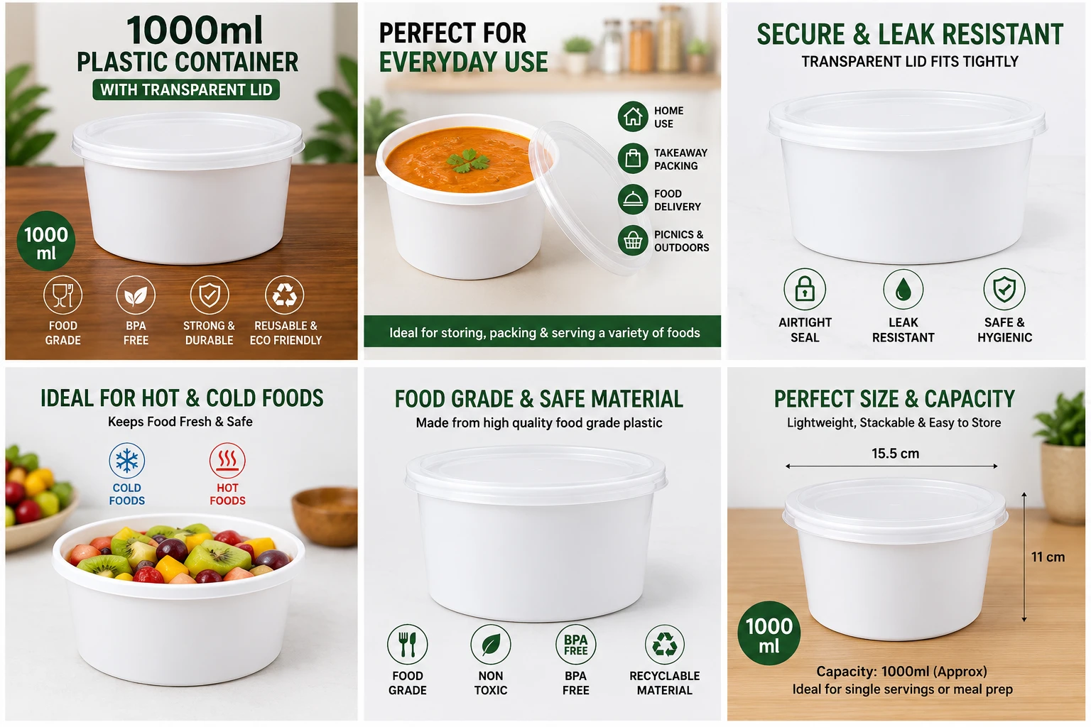 White 1000ml Plastic Food Containers with Lids 7