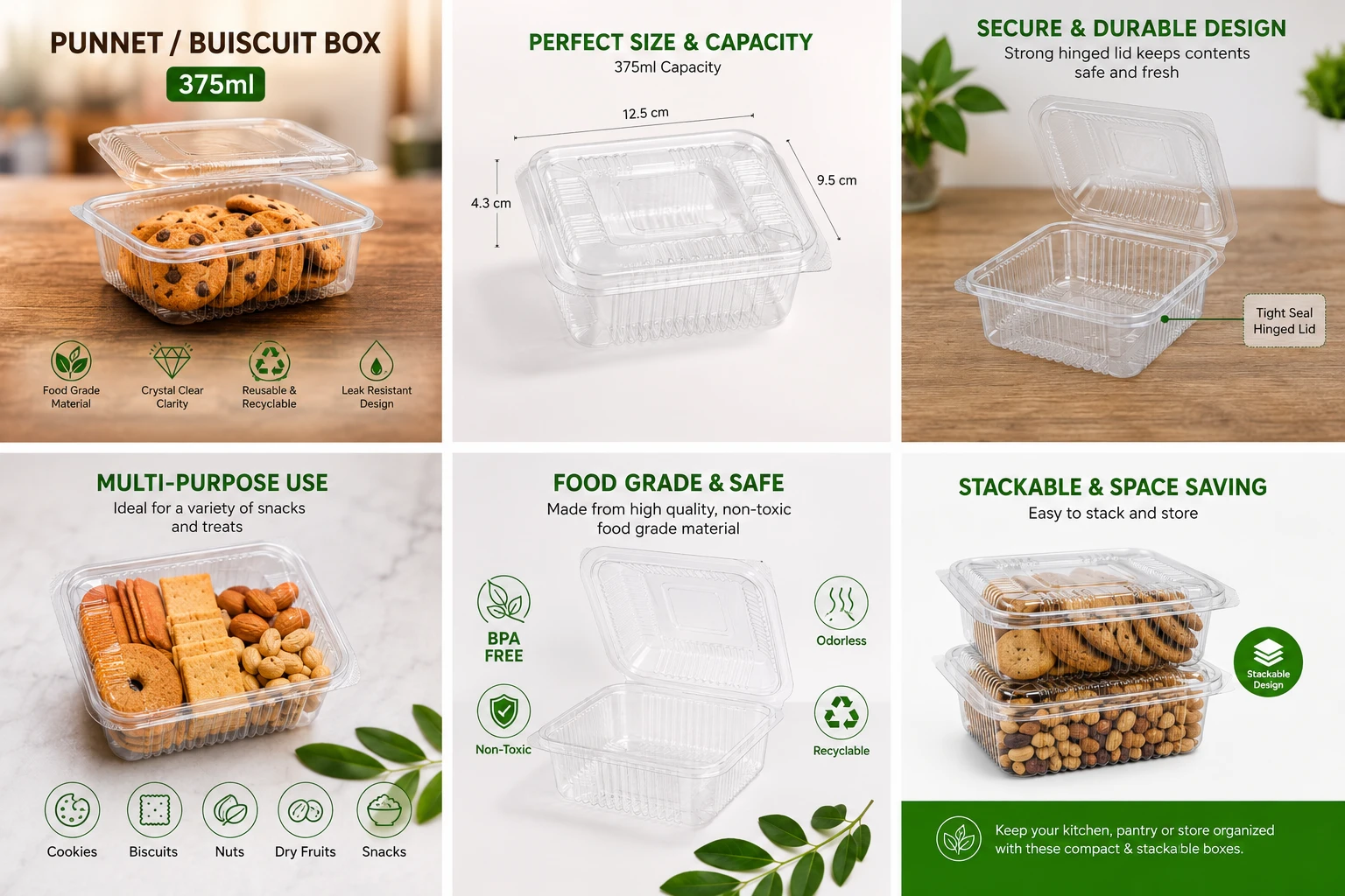 Hinged Pet Rectangular container with Lid - 375 ml
