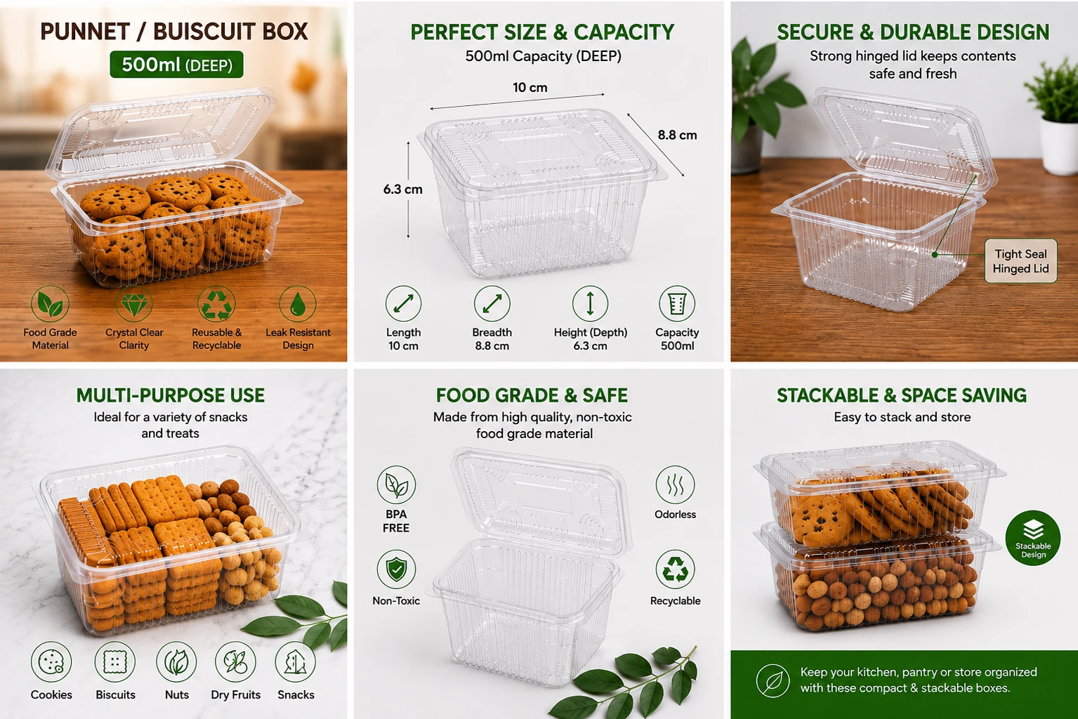 Hinged Pet Rectangular container with Lid - 500 ml