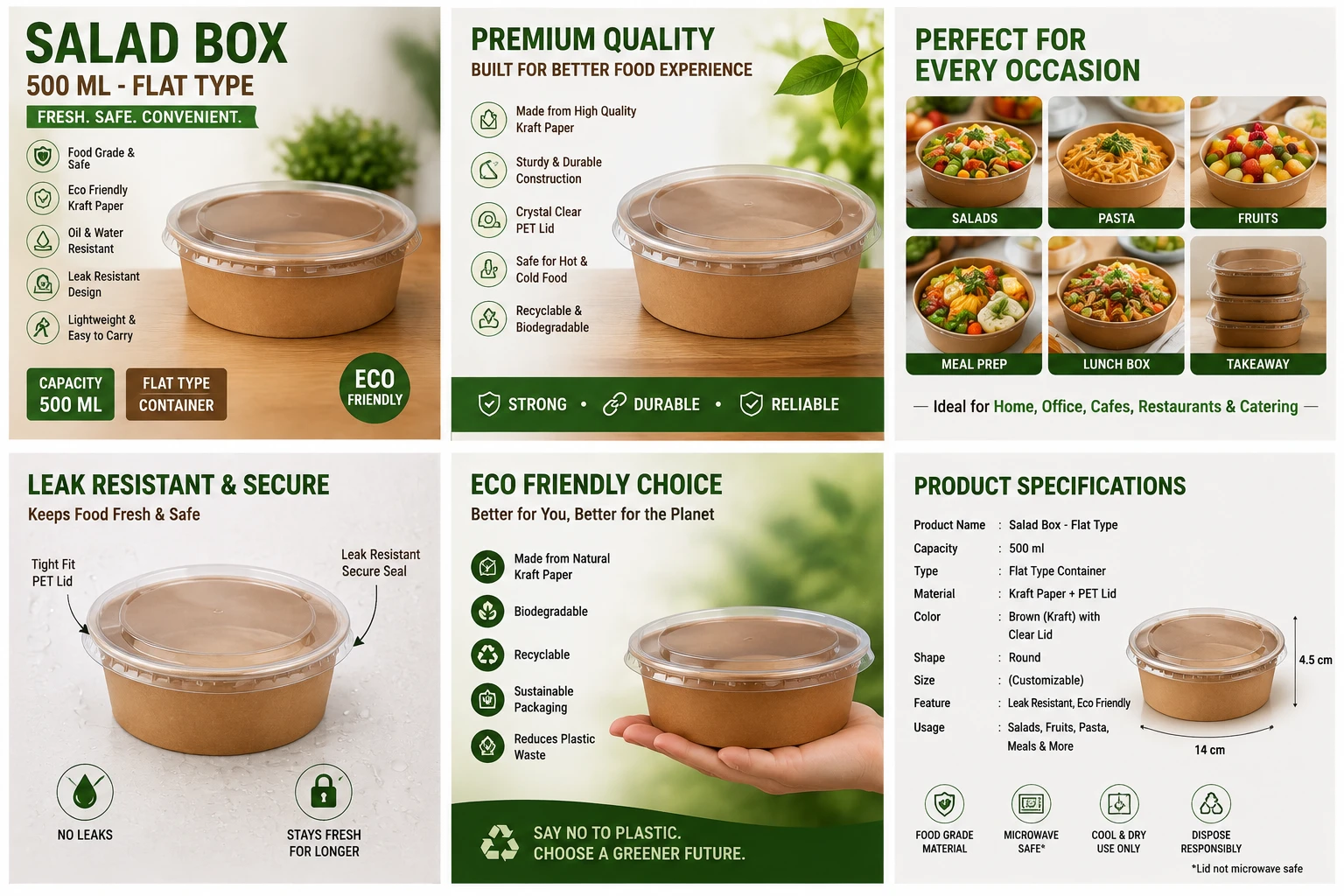 500 ML Brown Round Paper Bowl with Lids - Salad Box 13