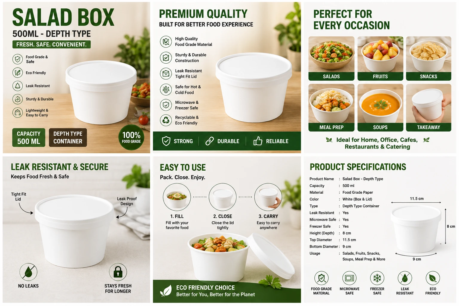 500ml White Disposable Bagasse Paper Container with Lid